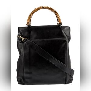 Gucci Diana Black Leather Tote Large Front Pocket Authentic Vintage